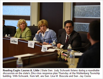 Reading Eagle: Lauren A. Little | State Sen. Judy Schwank listens during a roundtable discussion on the state's Zika virus response plan Thursday at the Muhlenberg Township building. With Schwank, from left, are Sen. Lisa M. Boscola and Sen. Jay Costa.