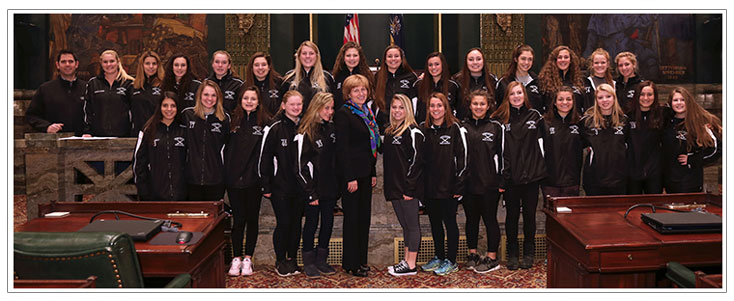 Field Hockey players with Senator Schwank