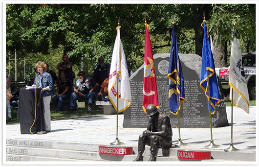 Senator Schwank speaking at Reading City Park Vietnam Veteran's Memorial.