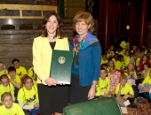 Muhlenberg Elementary reading specialist Dr. Argyro Elliker receives a Senate citation for the WOW Initiative from Sen. Judy Schwank