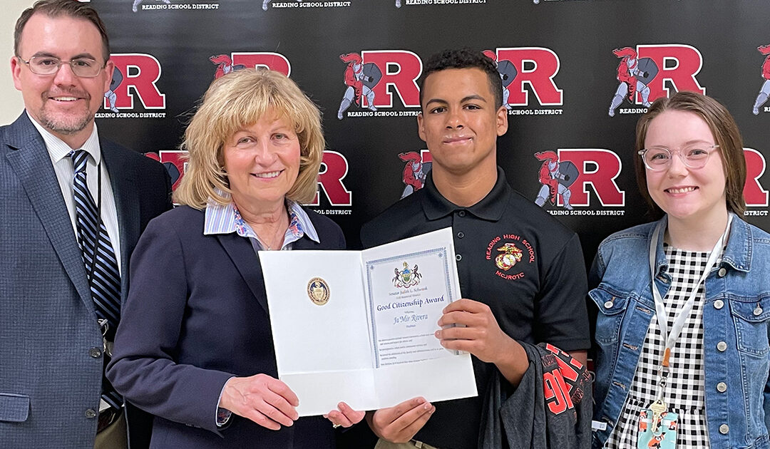(From left to right) Tim Redding- Assistant Principal of Reading Virtual Academy, Sen. Judy Schwank, Ja’Mir Rivera, and Amy Dundon- Teacher at Reading Virtual Academy.
